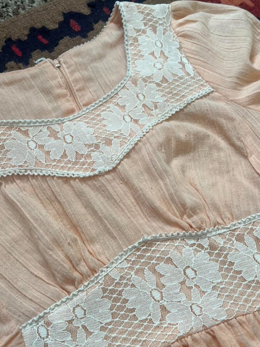 Handmade 70s vintage peach lace cottagecore maxi dress - XS/Small/Medium - Picture 6 of 6